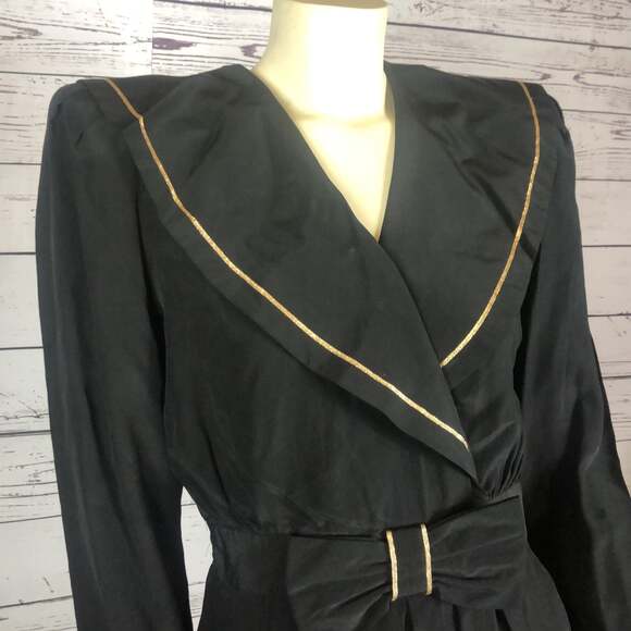 Vintage Jonathan Martin Silk black & gold dress with large round collar size 8 - Picture 5 of 12